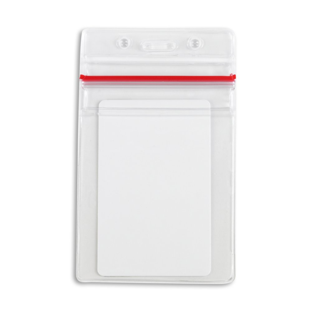 Vertical ID Badge Holder with Sealable Red Stripe - 50 Pack - in use