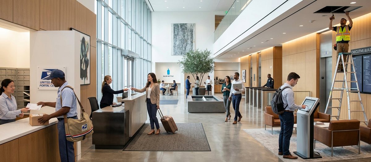 Modern lobby with people interacting, a reception desk, and a digital kiosk.

