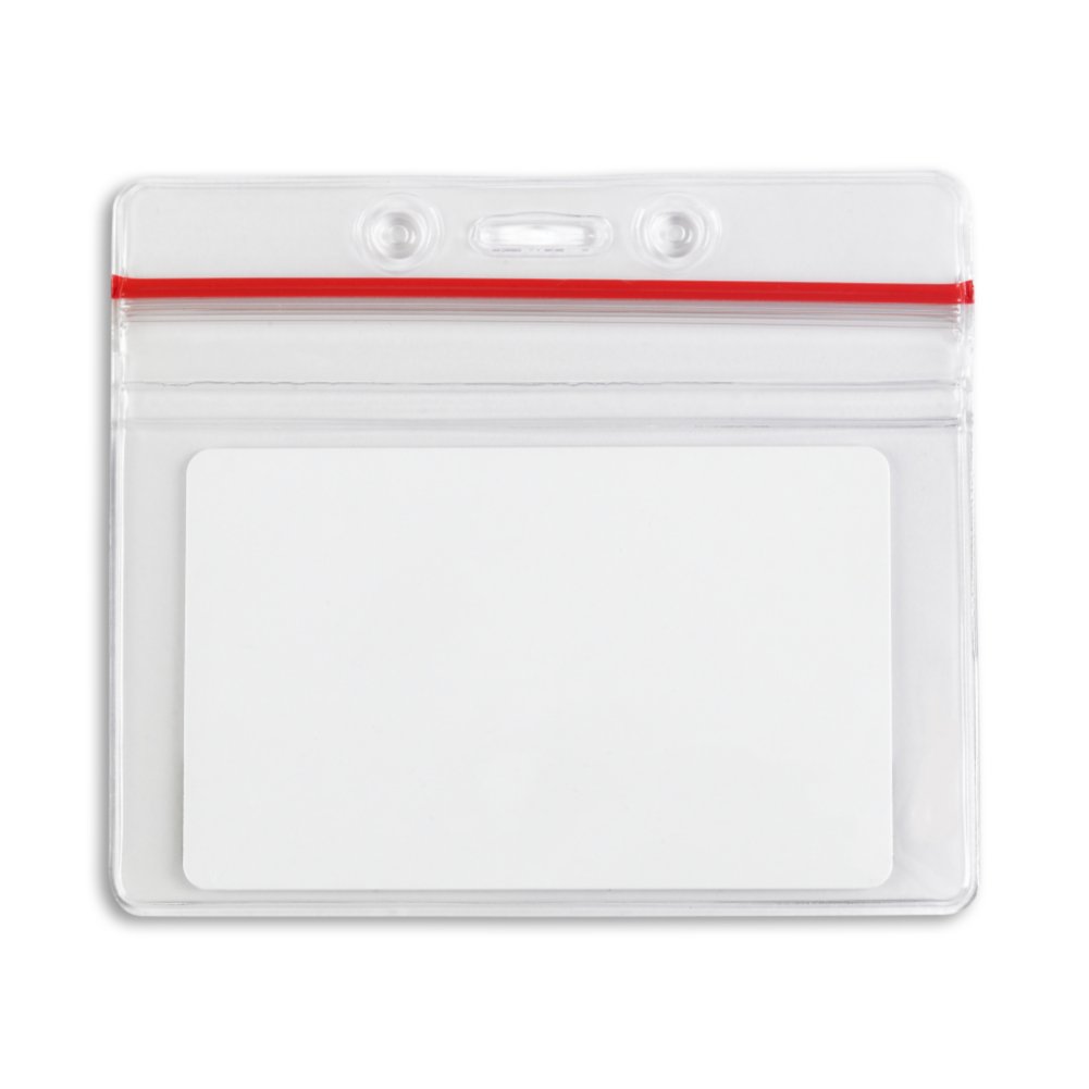 Horizontal ID Badge Holder with Sealable Red Stripe - 50 Pack - in use
